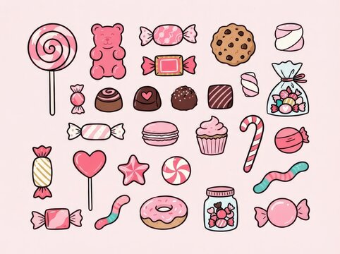 Set of cute pink candy and sweets illustrations, including lollipops, gummy bears, cookies, chocolates, cupcakes, and donuts, handdrawn style collection