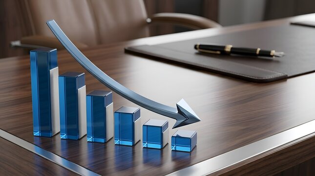 3D financial bar chart with downward arrow on executive wooden desk representing economic recession, business loss, and stock market decline in professional office setting.