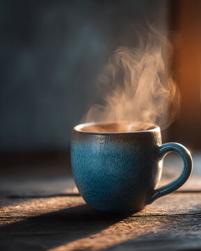 Rustic Morning Warmth: Steaming Blue Mug on Vintage Wooden Table
