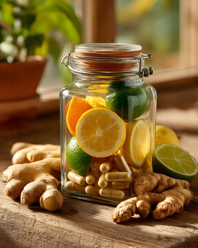 Citrus Fruits and Supplements in Glass Jar for Health and Wellness Concept