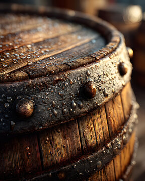 Rustic Wooden Barrel with Water Droplets for Beverage Storage Concept