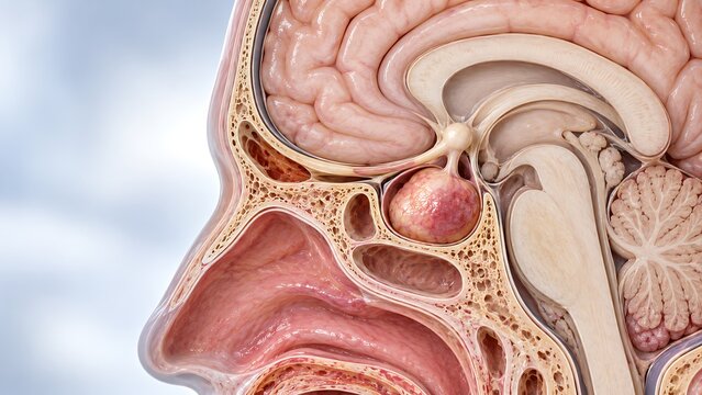 Pituitary tumor shown in detailed sagittal brain and skull anatomy
