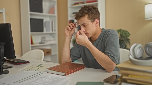 Young man flips ornate red book page, adjusts glasses and reaches for pen at a desk in a building study; concentration.