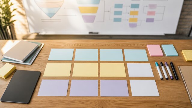 Blank campaign planning cards on table with blurred funnel board