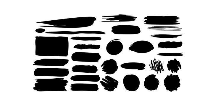 Thick black paint brush strokes and grunge ink smudges collection.