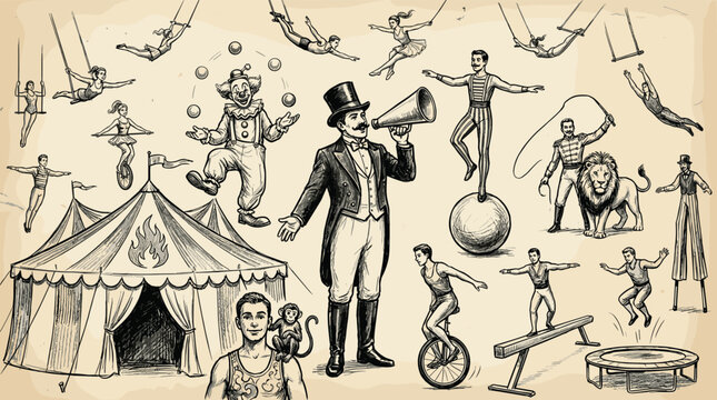Vintage Circus Performers Vector Set with Ringmaster Big Top Tent Clown Acrobat Trapeze Lion Tamer and Juggler Hand Drawn Illustration