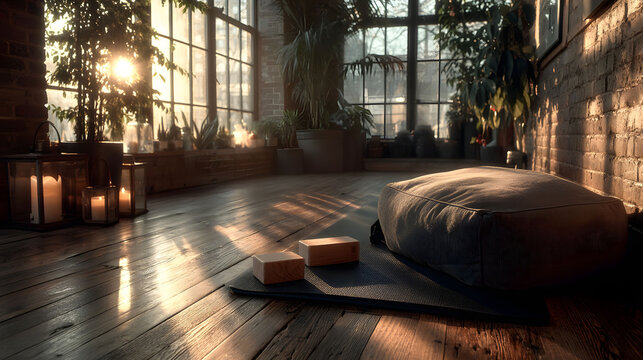 Tranquil Yoga Studio with Sunlit Decor and Meditation Props for Mindful Practice
