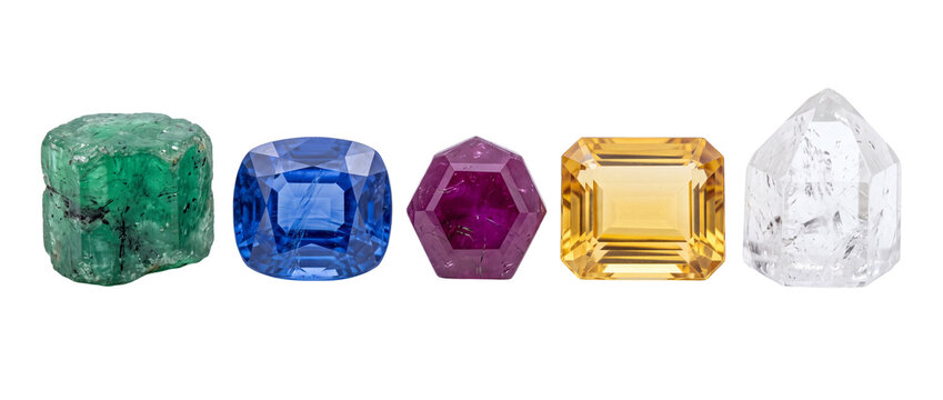Gemstone collection emerald sapphire ruby topaz quartz crystals aligned on black background isolated for jewelry design, geology study, luxury concept, faceted precious minerals set in a row.