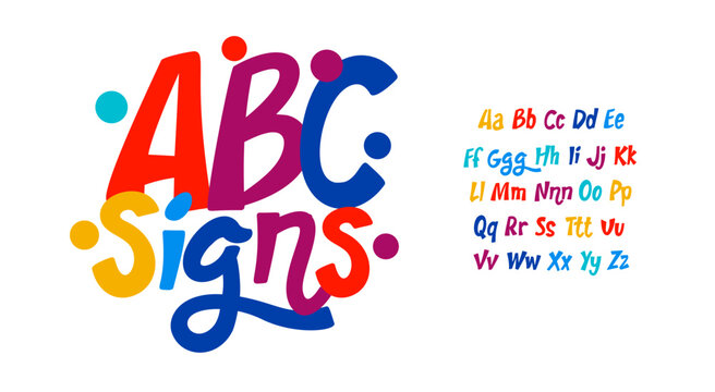 ABC signs colorful alphabet, kid colored sans serif letters, joyful festival font for bright fiesta logo, mexican headline, birthday and greeting card childhood lettering.Vector typographic design