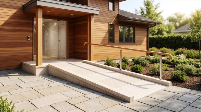 車椅子対応のバリアフリー住宅、玄関アプローチとスロープ 手すり付きの平屋の外観｜Modern house entrance with accessible wheelchair ramp and handrail, barrier-free residential architecture exterior