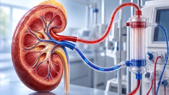 Kidney dialysis treatment with hemodialysis machine and renal anatomy