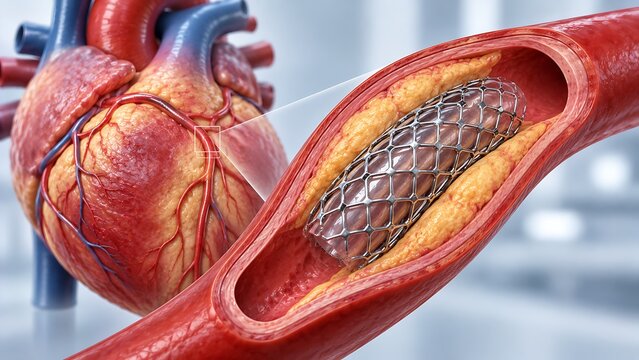 Coronary angioplasty with stent placement in blocked artery