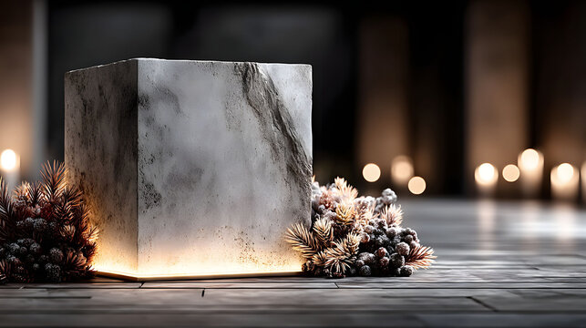 Elegant Marble Cube with Festive Pine Decorations and Ambient Lighting for Holiday Decor Poster