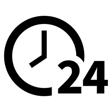 ECサイトの24時間受付や年中無休の表現に使える24の文字入り時計の黒色アイコン