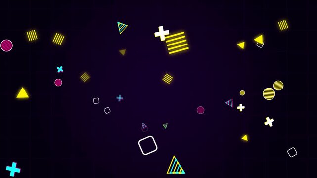 "Colorful geometric shapes floating animation with retro memphis pattern on dark background"