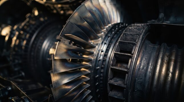 Macro closeup of polished turbine blades, combustion chamber vanes, and heat stained metal inside a jet engine cutaway.