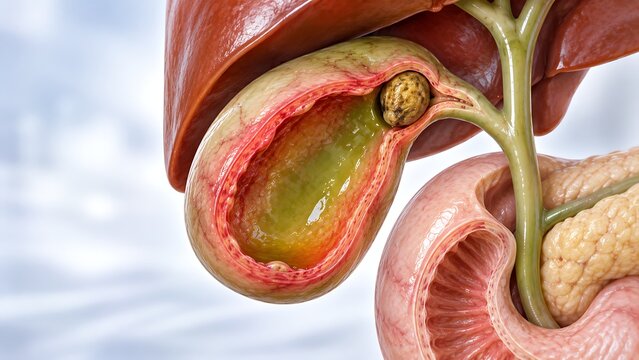 Gallstone causing acute cholecystitis with inflamed gallbladder