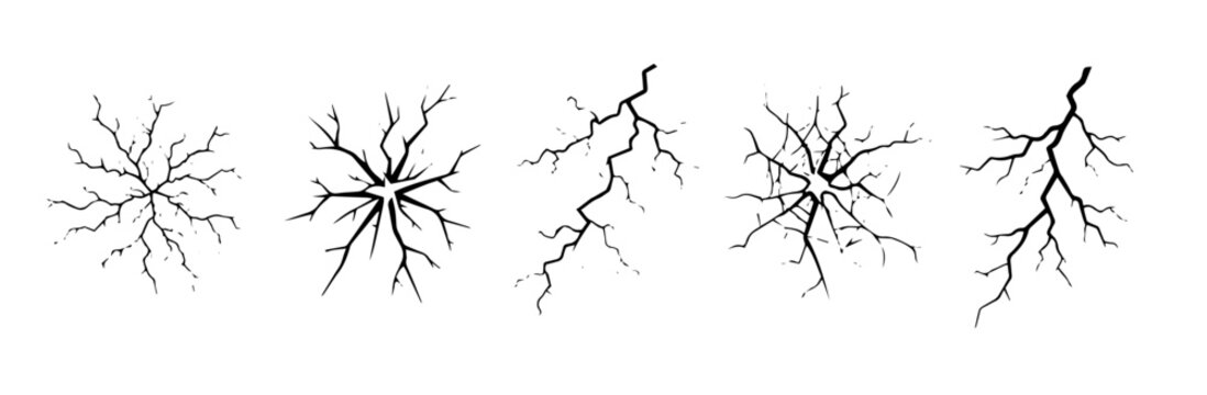 Cracked surface and lightning bolt effect black line vector icons set