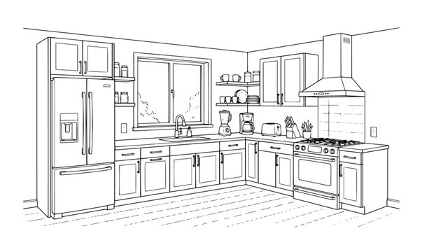 Modern kitchen interior with appliances line drawing vector illustration