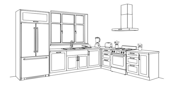 Modern kitchen interior line art vector illustration.