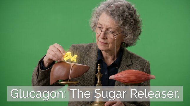 Teacher demonstrating glucagon function with liver and muscle models on a balance scale
