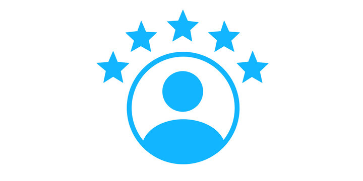 Blue user icon with five stars for rating and premium member status.