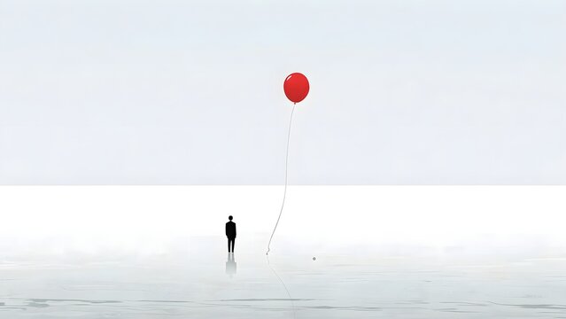 Lonely businessman walking with a red balloon in a vast white minimalist landscape