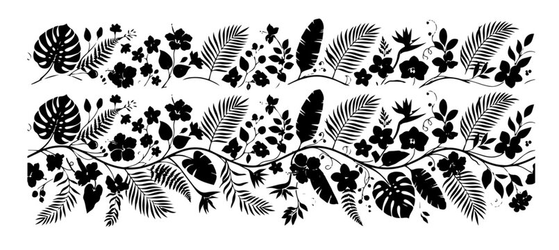 Botanical floral border vector with leafy branches and tropical foliage.