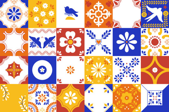 Seamless Colorful Mexican Talavera Ceramic Tile Pattern Inspired by Puebla, Mexico. Floral Vector Background.