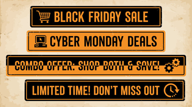 Orange and black retro vintage black friday cyber monday combo offer banner set