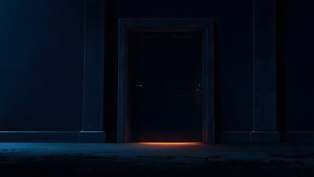 Glowing doorway in dark room, mysterious entrance with warm light spilling on the floor
