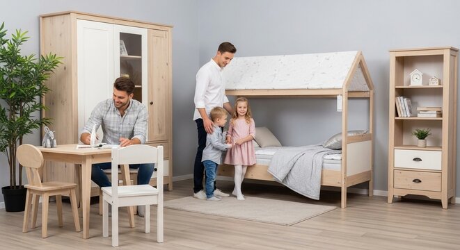 Happy young family selecting child's bedroom furniture with bunk beds in a modern home