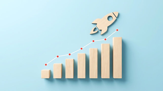 Business growth concept with wooden blocks and rocket