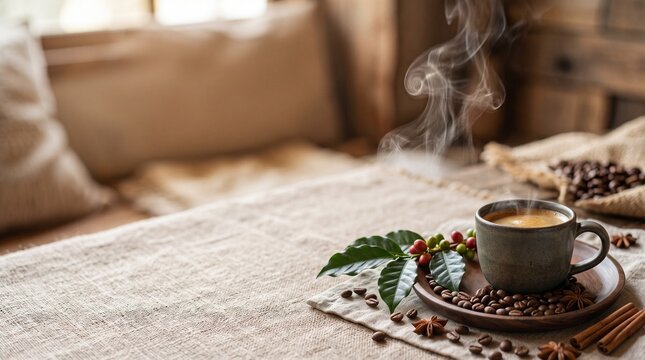 Cup of Hot Coffee with Roasted Coffee Beans on a Wooden Table, Fresh Espresso Beverage for Cozy Breakfast, Morning Cafe, Sweet Chocolate and Relaxing Drink Concept