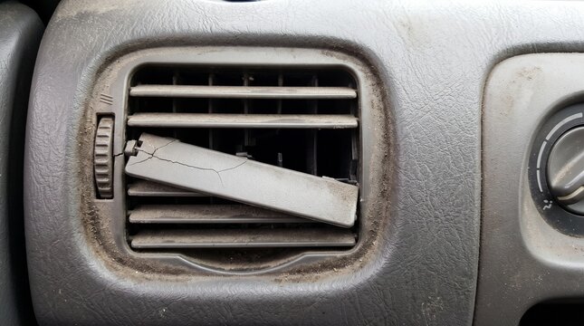 Broken car air conditioning vent with dust and grime on an old vehicle dashboard interior