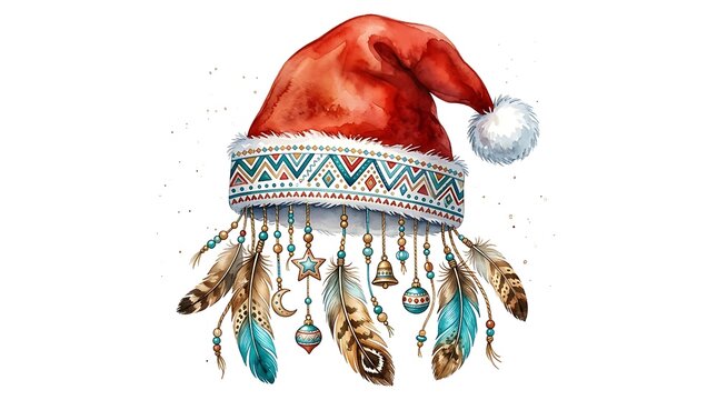 Boho style christmas santa hat decorated with feathers and ornaments isolated on white background