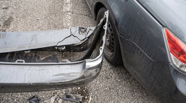 Damaged car bumper hanging off after a road traffic accident on asphalt road surface.