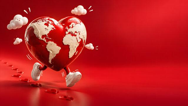Conceptual 3D illustration of a heart-shaped Earth symbolizing global heart health, cardiovascular disease awareness, and the importance of heart care.	


