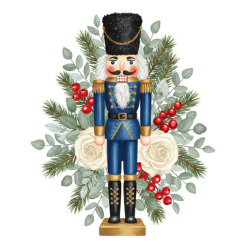 Detailed watercolor illustration of a rigid wooden nutcracker soldier in a blue and gold uniform, framed by a festive winter garland of holly, pine, and white roses. Quintessential holiday