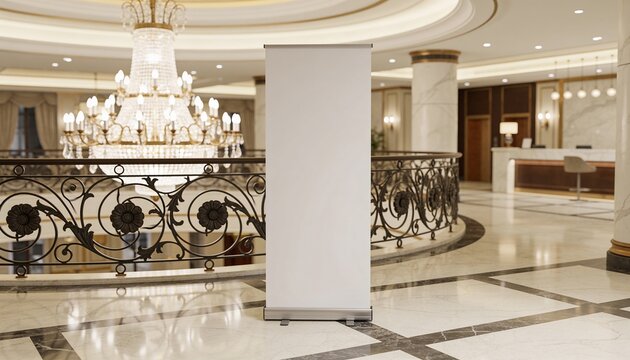 vertical stand banner mockup, blank roll up banner mockup, hotel lobby, exhibition display, promo stand, trade show banner, advertising standee, blank presentation board
