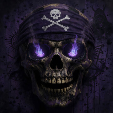 A skull wearing a bandana, with glowing purple eye sockets, bares its teeth menacingly. Clothing print design in a mystical grunge style.