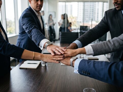 Business People Shaking Hands in Office Meeting, Professional Businessman and Businesswoman Building Partnership and Teamwork at Desk