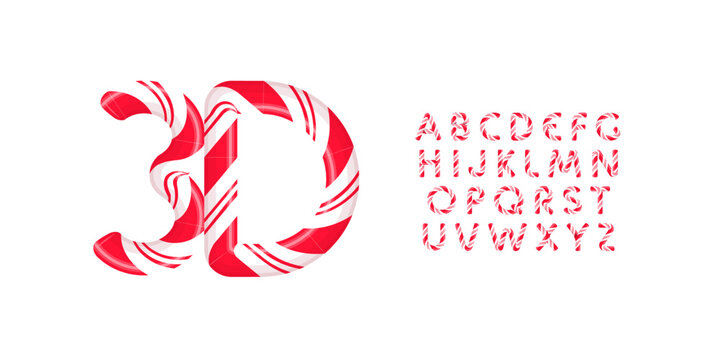Candy 3D letters set with bright red white stripes. Sweet lollipop font. Festival style vector latin alphabet. Fonts for event, promo, logo, banner, monogram and poster. Typeset design
