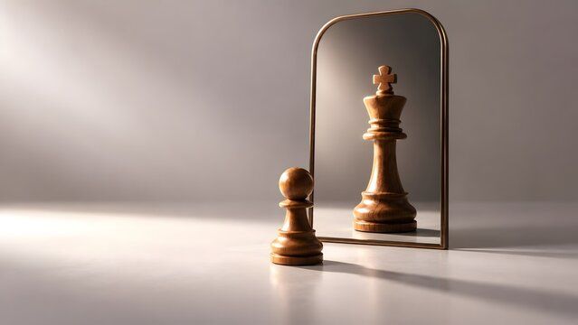 Ambition and leadership potential concept showing wooden chess pawn reflecting as a king in a mirror