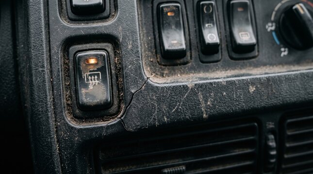 Dirty car interior dashboard with activated rear window defroster button and switches