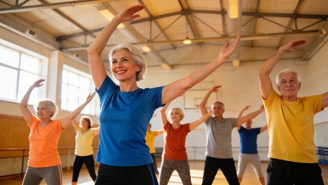 Seniors enjoying fitness class, smiling, stretching indoors in a bright gym