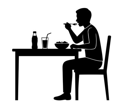 Man eating a meal at a table with food and drink vector silhouette