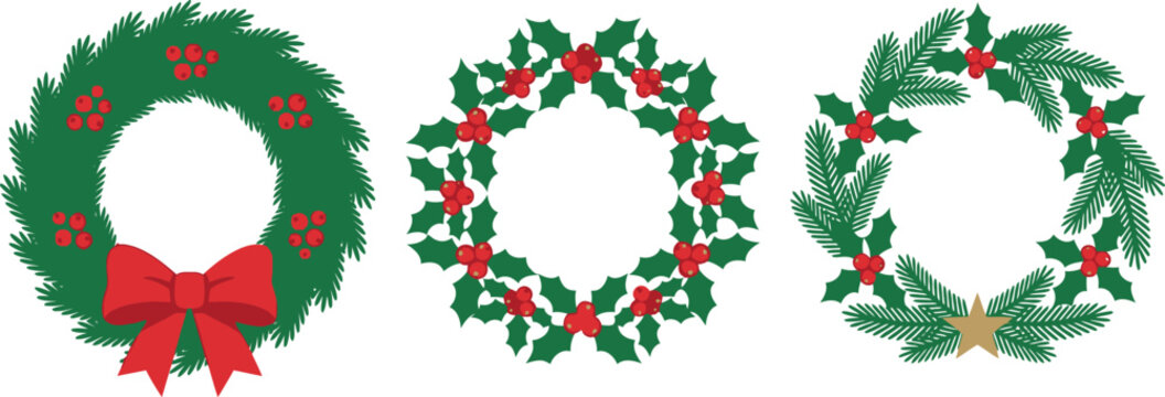 A collection of three distinct Christmas wreath designs featuring traditional pine branches holly leaves vibrant red berries a festive bow and a golden star icon