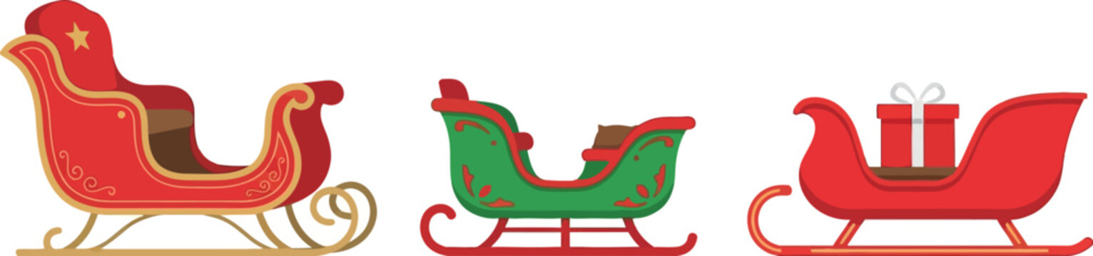 A collection of three distinct festive Christmas sleighs rendered in a flat vector illustration style featuring red and green colors on a clean white background