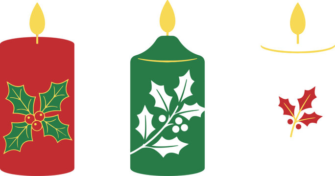 A festive collection of three minimalist Christmas candles in red, green, and white, each adorned with elegant holly leaves and berries, featuring glowing yellow flames.